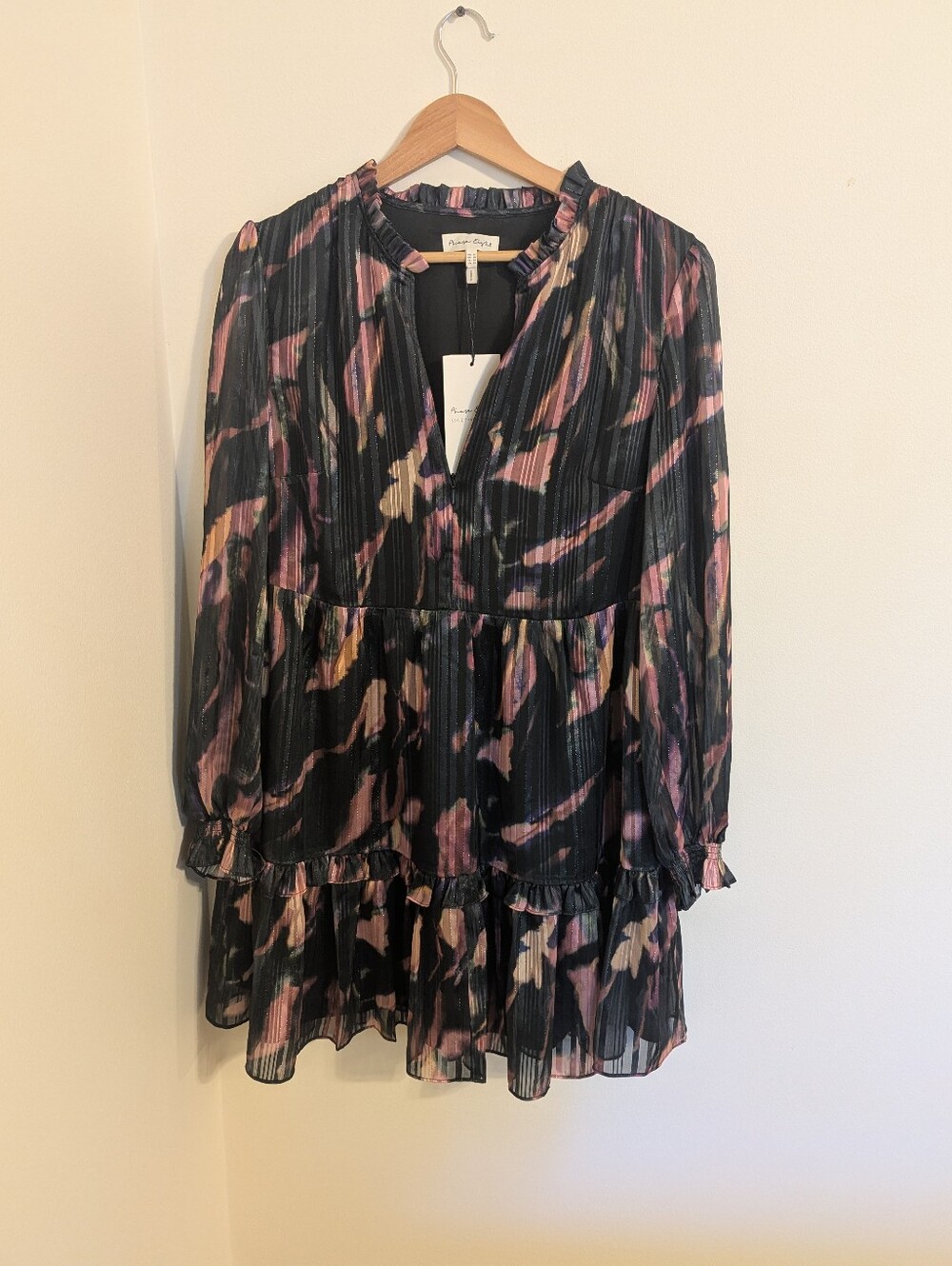 New: Phase Eight Black Floral Ruffle Tiered Long-Sleeve Dress